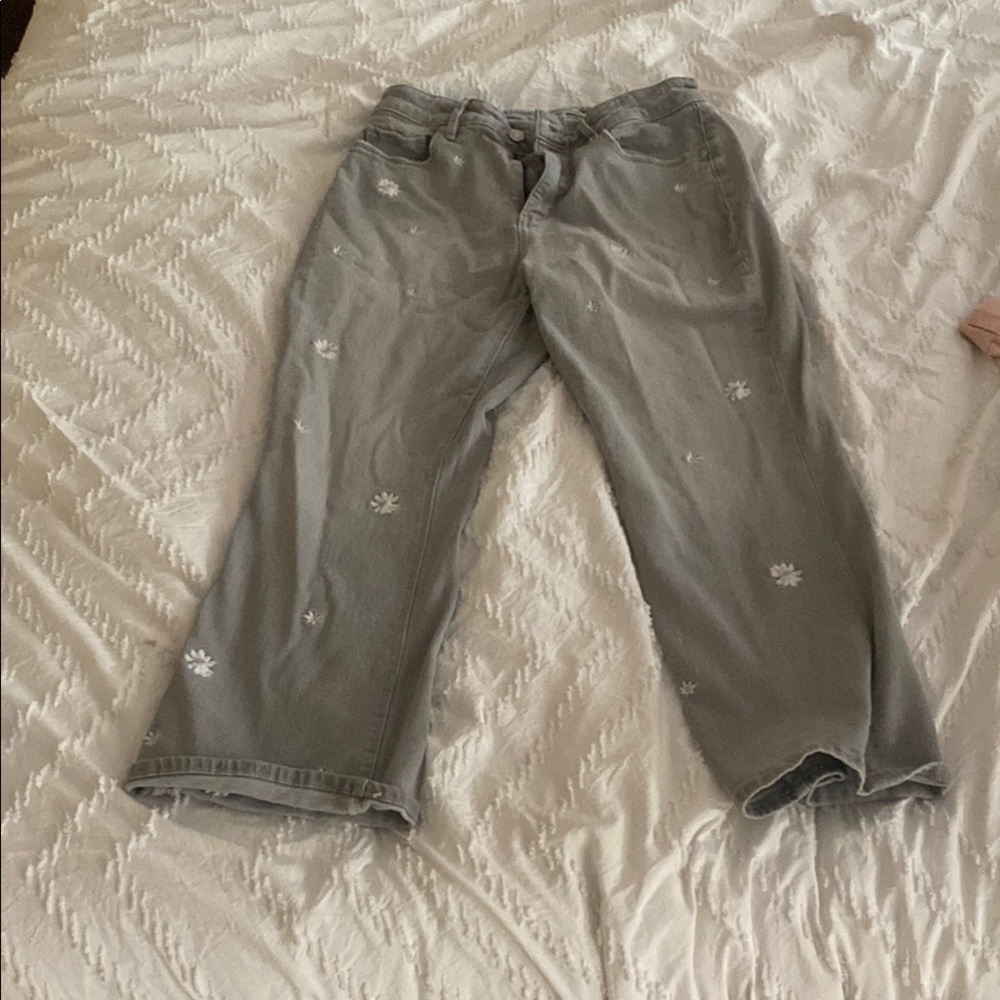 Gray Jeans with White Floral Embroidery